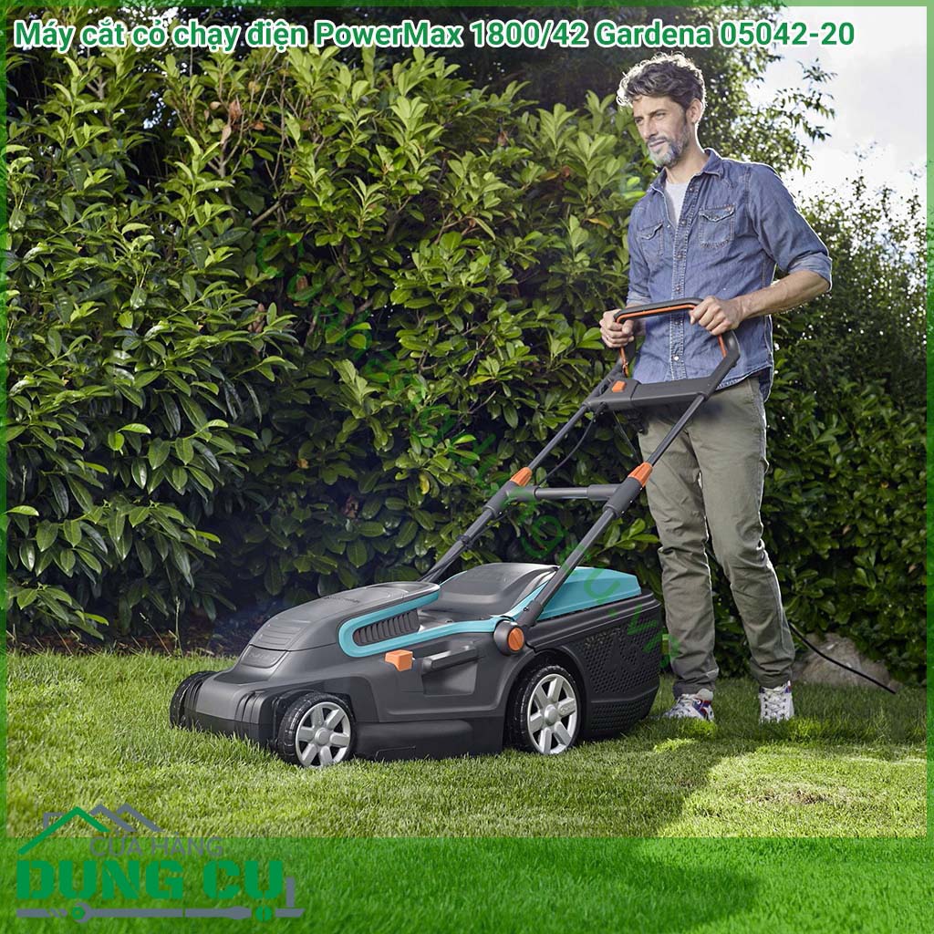 Máy cắt cỏ chạy điện Gardena sử dụng điện 220v với công suất 1800w tiết diện đường cắt 42cm phù hợp sử dụng diện tích lớn.