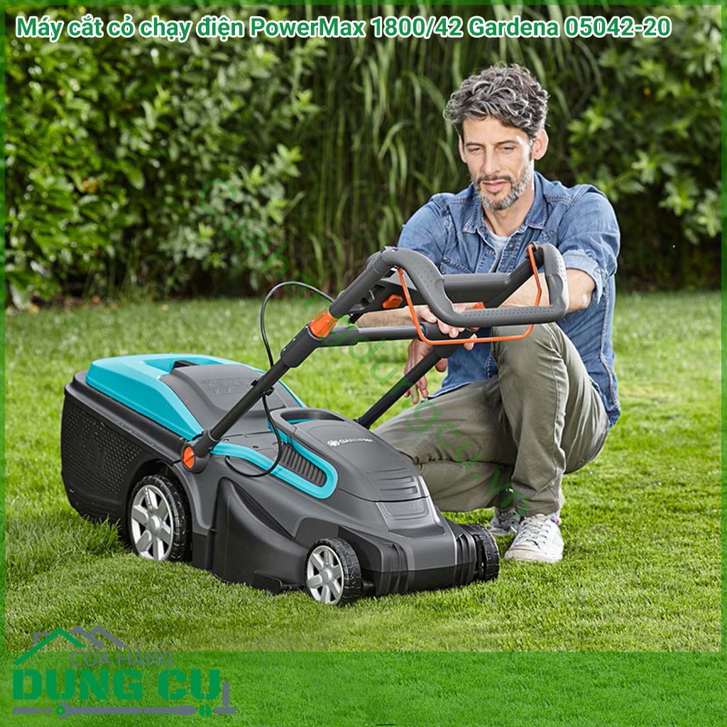 Máy cắt cỏ chạy điện Gardena sử dụng điện 220v với công suất 1800w tiết diện đường cắt 42cm phù hợp sử dụng diện tích lớn.