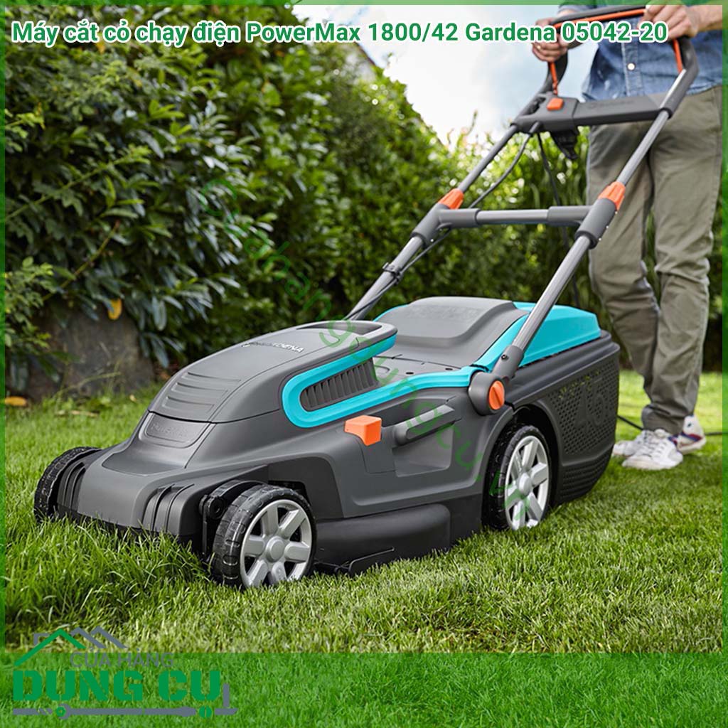 Máy cắt cỏ chạy điện Gardena sử dụng điện 220v với công suất 1800w tiết diện đường cắt 42cm phù hợp sử dụng diện tích lớn.