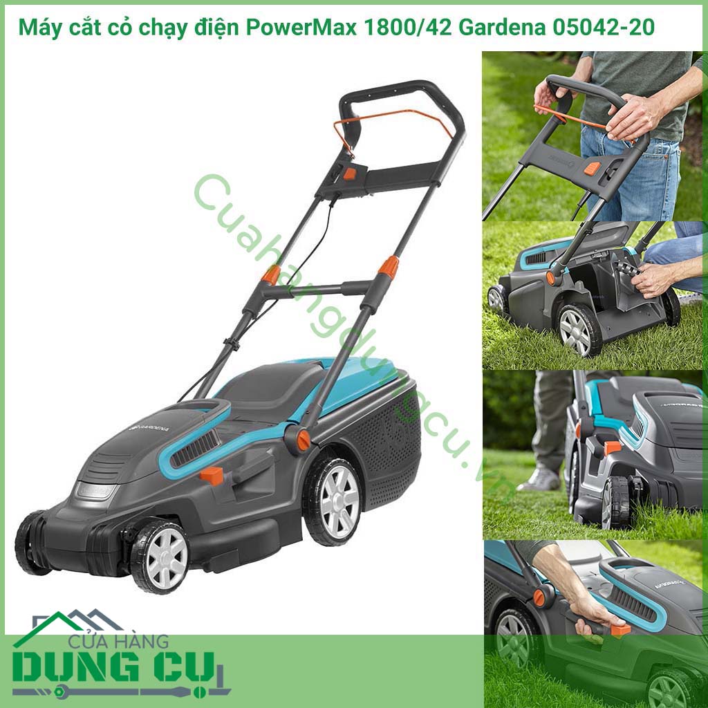 Máy cắt cỏ chạy điện Gardena sử dụng điện 220v với công suất 1800w tiết diện đường cắt 42cm phù hợp sử dụng diện tích lớn.