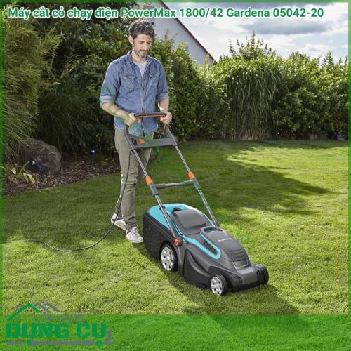 Máy cắt cỏ chạy điện Gardena sử dụng điện 220v với công suất 1800w tiết diện đường cắt 42cm phù hợp sử dụng diện tích lớn.