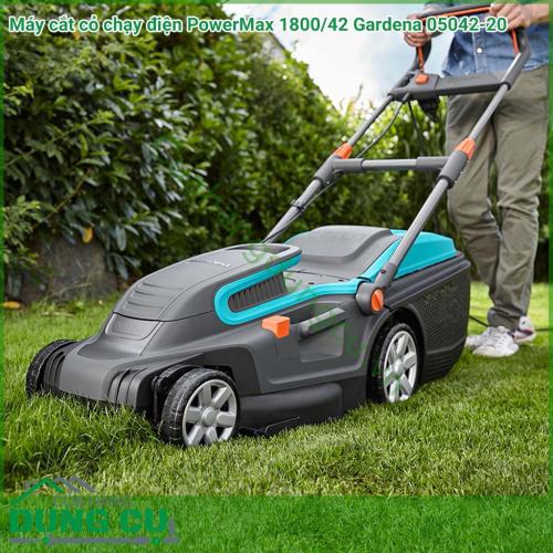 Máy cắt cỏ chạy điện Gardena sử dụng điện 220v với công suất 1800w tiết diện đường cắt 42cm phù hợp sử dụng diện tích lớn.