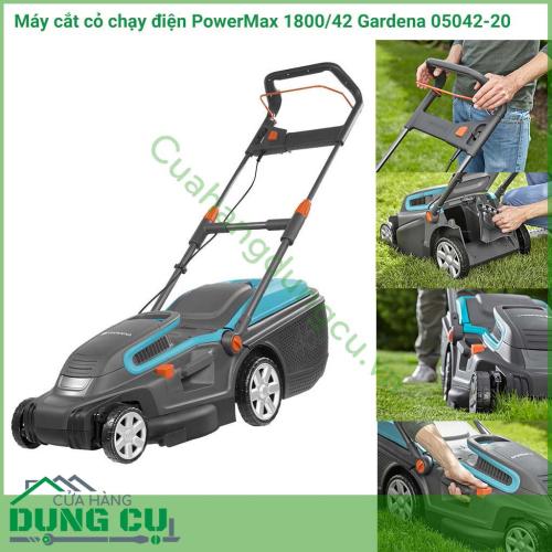 Máy cắt cỏ chạy điện Gardena sử dụng điện 220v với công suất 1800w tiết diện đường cắt 42cm phù hợp sử dụng diện tích lớn.