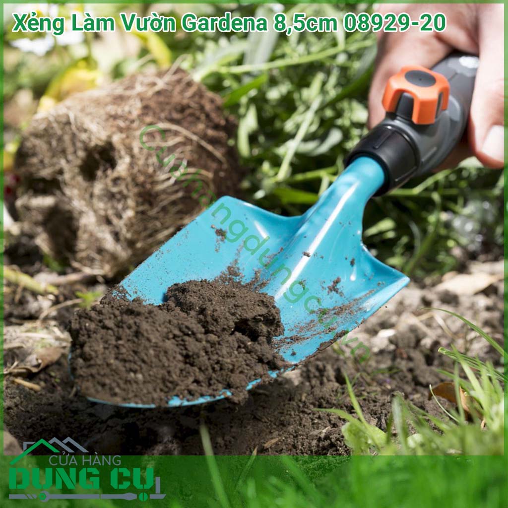 Xẻng xúc đất làm vườn Gardena tiết diện xúc rộng 8,5 cm, dài 12cm . Cán tay cầm chấy nhiệu nhựa cao cấp giúp người dùng thoải mái khi sử dụng. Xẻng được phủ lớp duroplast giúp chống gỉ, ăn mòn.